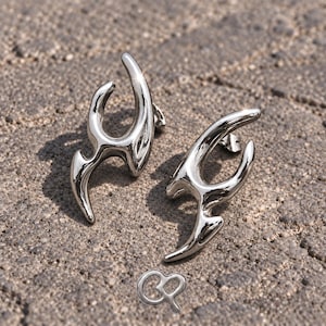 Cyber Y2K Silver Chrome Earrings, Asymmetric Tribal Tattoo Shaped Stainless Steel Studs, Tarnish Proof Alternative Jewelry