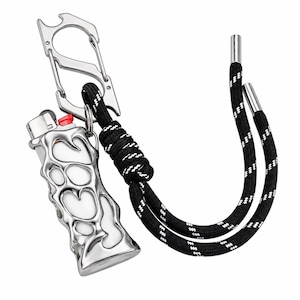 Y2K silver chrome lighter case for BIC J3 lighter with melted metal design and carabiner clip, grunge keychain holder for belt loop, bag or keys.
