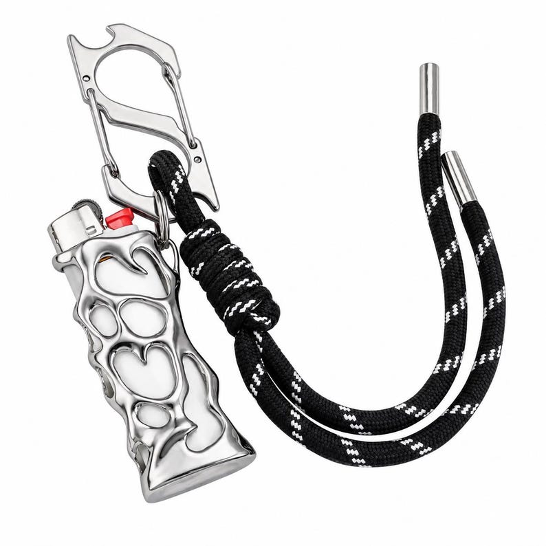 Y2K silver chrome lighter case for BIC J3 lighter with melted metal design and carabiner clip, grunge keychain holder for belt loop, bag or keys.