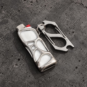 Cyber Y2K Chrome Lighter Case with Keychain, Silver BIC J3 Lighter Holder with Carabiner, Rust Proof, Edgy EDC Accessory, Men Stocking Gifts