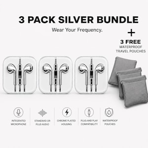 May include: A 3 pack silver bundle of wired earphones with integrated microphones, chrome plated housing, and plug and play compatibility. Includes 3 free waterproof travel pouches. Text reads: 3 PACK SILVER BUNDLE, Wear Your Frequency, 3 FREE WATERPROOF TRAVEL POUCHES.