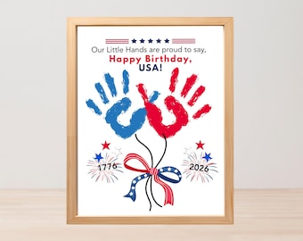 Manualidad de huellas de manos para niños del 4 de julio, 250 aniversario de EE. UU., actividad preescolar, recuerdo significativo, arte mural imprimible del Día de la Independencia.
