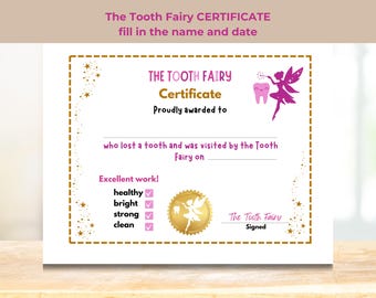 Ensemble fée des dents pour enfants, lettre fée des dents, certificat fée des dents, reçu de la fée des dents, accroche-porte de la fée des dents, visite de la fée des dents.