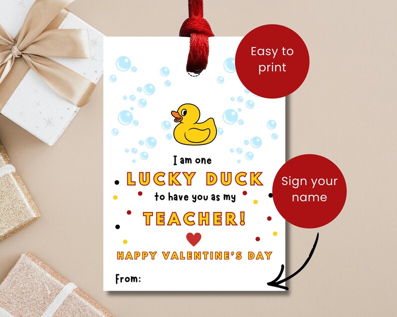 Rubber Duck Teacher Gift Tag, Lucky Duck Non-candy Valentine, One Lucky ...