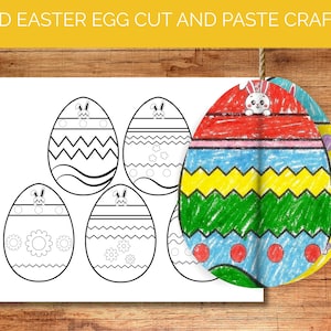May include: A craft project featuring Easter eggs. The image shows a sheet with six black and white egg outlines, each with a bunny and decorative patterns. A completed, colorful 3D egg is hanging, with red, blue, yellow, and green stripes.