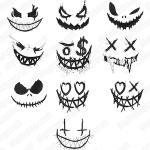 May include: A set of 10 black and white embroidery designs featuring different scary faces. The designs are perfect for Halloween projects and can be used to create unique and spooky decorations.