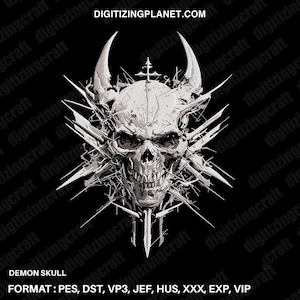 May include: A black and white digital embroidery design of a demon skull with horns and a cross. The design is surrounded by a chaotic pattern of lines and shapes. The text "DEMON SKULL" and "FORMAT: PES, DST, VP3, JEF, HUS, XXX, EXP, VIP" is at the bottom of the image.