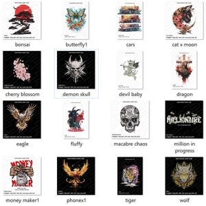 May include: A collage of 16 different graphic designs featuring various themes, including nature, animals, skulls, and abstract art. Each design is presented on a white background with a black border.