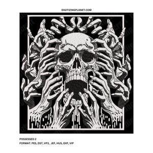 May include: A black and white illustration of a skull with numerous hands reaching towards it. The skull has a large open mouth and appears to be screaming. The hands are all of different sizes and shapes, and they are all reaching towards the skull in a chaotic manner.