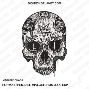 May include: Black and white digital embroidery design of a skull with a pentagram, cross, and the words "No Pain" on the forehead. The skull is surrounded by other graphic elements.