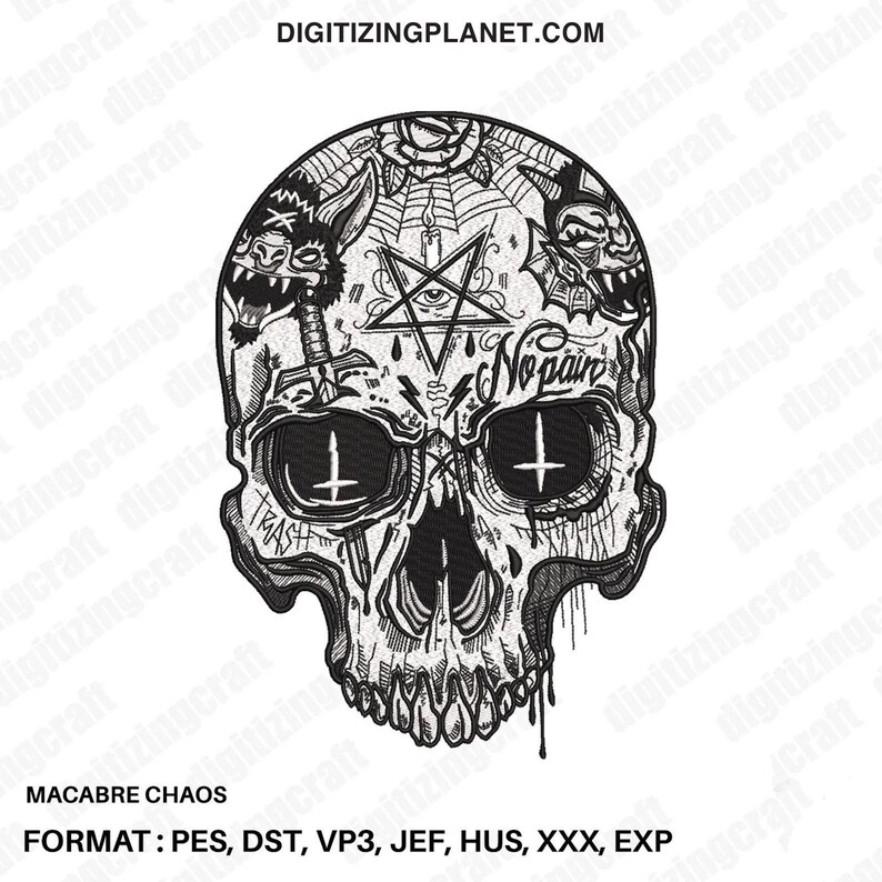 May include: Black and white digital embroidery design of a skull with a pentagram, cross, and the words "No Pain" on the forehead. The skull is surrounded by other graphic elements.