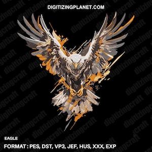 Puede incluir: Un diseño de bordado digital de un águila con plumas naranja y grises, sobre un fondo negro. El diseño está disponible en varios formatos, incluidos PES, DST, VP3, JEF, HUS, XXX y EXP.