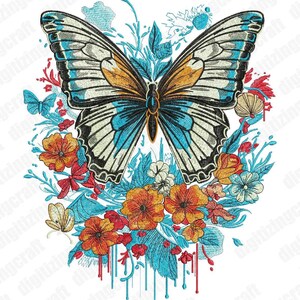 May include: A colorful embroidery design featuring a butterfly with blue, white, and orange wings surrounded by flowers in shades of red, orange, and yellow. The design has a dripping paint effect in blue and red.