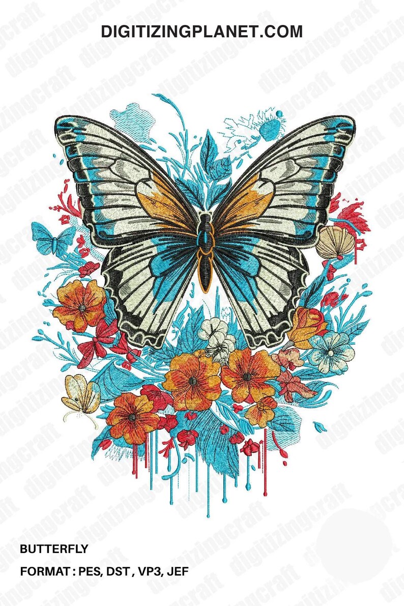 May include: A colorful embroidery design featuring a butterfly with blue, white, and orange wings surrounded by flowers in shades of red, orange, and yellow. The design has a dripping paint effect in blue and red.
