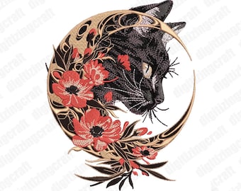 Cat embroidery design file,moon and flower embroidery design,machine embroidery design file