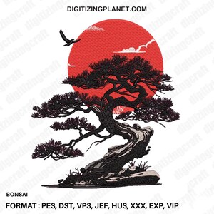 May include: A black silhouette of a bonsai tree with a red sun rising behind it. The tree is rooted in a rock formation with small green plants growing around it. The text "BONSAI" and "FORMAT: PES, DST, VP3, JEF, HUS, XXX, EXP, VIP" is at the bottom of the image.