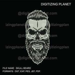 May include: A black and white illustration of a skull with a beard. The skull has a serious expression and is wearing a short, spiky hairstyle. The text "FILE NAME: SKULL BEARD" and "FORMATS: DST, EXP, PES, JEF, PDF." is at the bottom of the image.