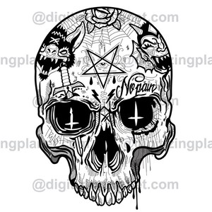 May include: Black and white line art illustration of a skull with intricate details. The skull has a pentagram on its forehead, a sword piercing its left eye, and the words "No Pain" written across its brow.