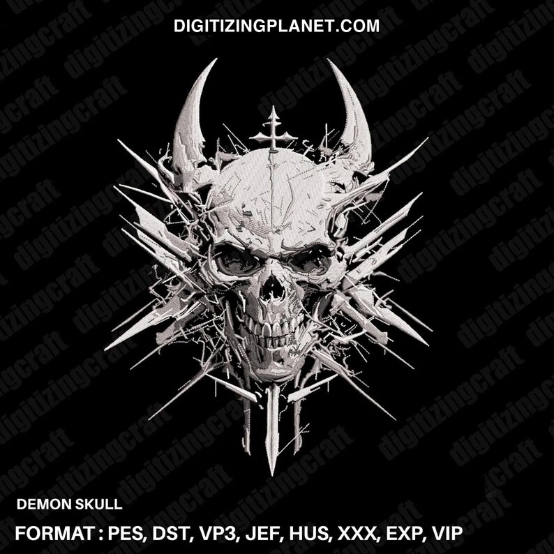 May include: A black and white digital embroidery design of a demon skull with horns and a cross. The design is surrounded by a chaotic pattern of lines and shapes. The text "DEMON SKULL" and "FORMAT: PES, DST, VP3, JEF, HUS, XXX, EXP, VIP" is at the bottom of the image.