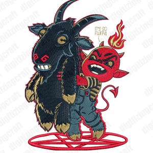 May include: A red devil with a tail and horns is hugging a black goat. The devil is wearing blue jeans and a yellow shirt. The goat has a red pentagram on its side. The devil is saying "It's so fluffy!" The image is on a white background.