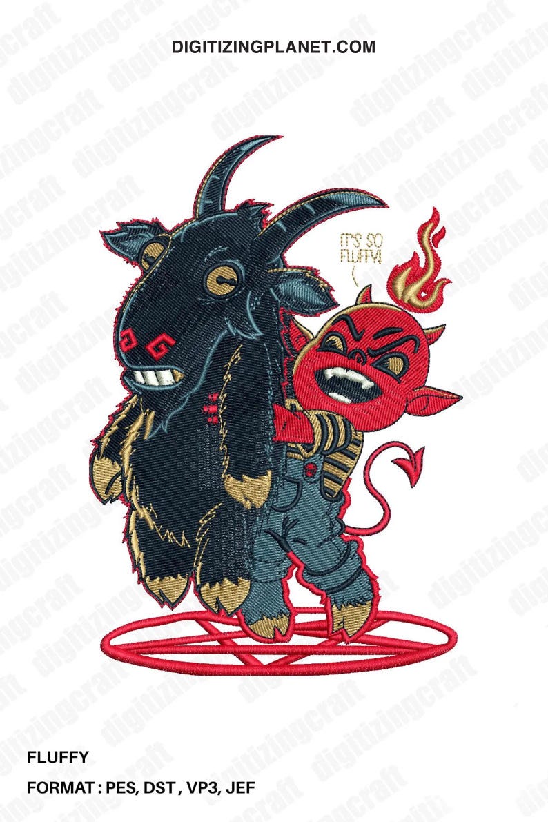 May include: A red devil with a tail and horns is hugging a black goat. The devil is wearing blue jeans and a yellow shirt. The goat has a red pentagram on its side. The devil is saying "It's so fluffy!" The image is on a white background.