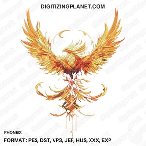 May include: A golden phoenix with outstretched wings, rising from a diamond-shaped design. The phoenix is a mythical bird that symbolizes rebirth and renewal.