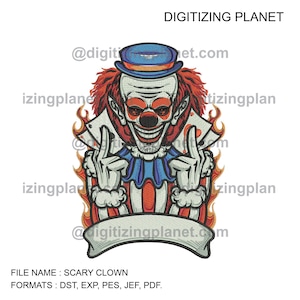 May include: A scary clown with red hair and a blue hat is giving the middle finger. The clown is holding two playing cards and is surrounded by flames. The text "DIGITIZING PLANET" is at the top of the image.