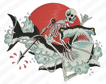 Fisher,hammerhead,shark design,red moon,skeleton,skull,embroidery design file