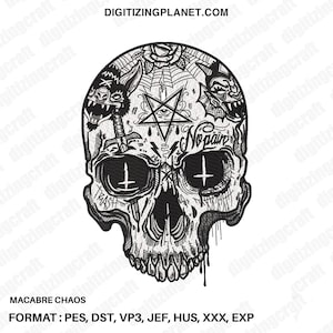 Op de afbeelding: Een zwart-wit schedelontwerp met ingewikkelde details, waaronder een pentagram, omgekeerde kruisen en de tekst "No Pain". Het ontwerp bevat een konijn, duivel en spinnenweb. De tekst "Macabre Chaos" staat onderaan.