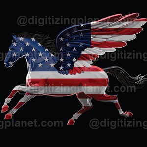 May include: A winged horse with red, white and blue wings and body, resembling the American flag. The horse is in mid-air, with its wings spread out and its head turned to the side.