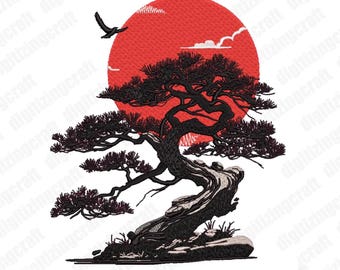 Bonsai Embroidery design file,tree,plants,flowers,red moon,machine embroidery design file