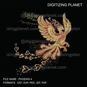 Könnte beinhalten: Ein goldener und roter Phönix mit einem langen Schwanz aus Federn und Herzen. Der Phönix fliegt mit ausgebreiteten Flügeln nach oben. Der Hintergrund ist schwarz. Der Text "DIGITIZING PLANET" befindet sich oben im Bild. Der Text "FILE NAME: PHOENIX-4" und "FORMATS: DST, EXP, PES, JEF, PDF." befindet sich unten im Bild.