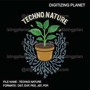 Może przedstawiać: Cyfrowy projekt przedstawiający roślinę w doniczce, otoczoną wzorem obwodu drukowanego, z białym napisem "TECHNO NATURE". Projekt znajduje się na czarnym tle. Tekst "DIGITIZING PLANET" znajduje się u góry.