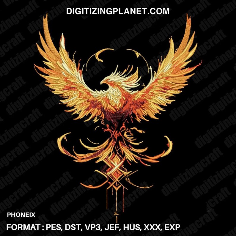 May include: A fiery orange and yellow phoenix bird with outstretched wings, rising from a diamond-shaped design. The background is black.