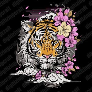 May include: A tiger's face with a fierce expression, surrounded by pink and yellow flowers. The tiger is set against a black background with white clouds and waves.