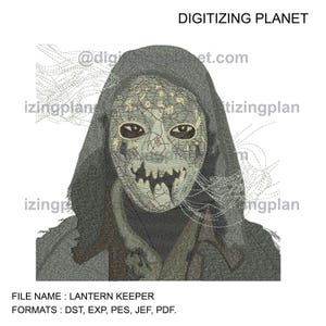 May include: A digital embroidery design of a hooded figure wearing a mask with a menacing grin. The mask is detailed with intricate patterns and symbols. The design is titled "LANTERN KEEPER" and includes the file formats DST, EXP, PES, JEF, and PDF.