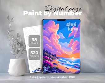 Dreamy Coast Paint by Number | Sunset Beach Digital Coloring Page | Coastal Landscape Printable Art