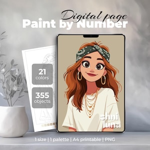 Könnte beinhalten: Digitales Malen-nach-Zahlen-Kunstwerk mit einer Cartoon-Frau mit rotbraunem Haar, die ein grünes Bandana, Goldschmuck und ein weißes Hemd trägt. Das Bild wird auf einem Tablet angezeigt, mit einer Farbpalette und Objektanzahl. Der Text "Digital page Paint by Number" steht oben.
