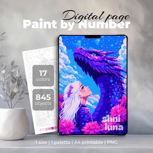 May include: Digital paint-by-number art featuring a woman looking up at a purple dragon. The image is on a tablet, with a color palette and object count displayed. The words "Digital page Paint by Number" are at the top.