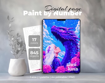 Dragon Girl Dipingi con i numeri / Pagina da colorare digitale di draghi fantasy / PNG per iPad (Procreate)