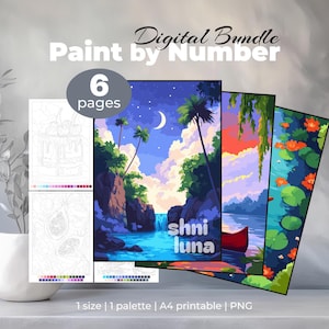 6 målarbilder med nummer för vuxna | Digitalt paket för surfplatta | Utskrivbar samling med blommor, djur och landskap | PNG-ark