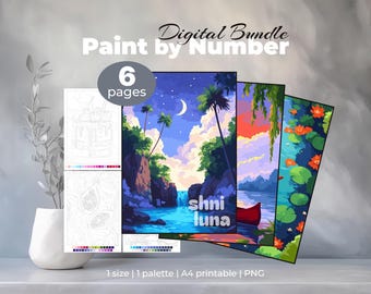 6 Paint by Number Coloring Pages for Adults | Digital Bundle for Tablet | Floral, Animal & Landscape Printable Collection | PNG Sheets