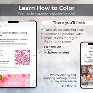 May include: A digital art tutorial image featuring a tablet and smartphone. The tablet displays a website with digital coloring pages, a QR code, and the text "Learn How to Color." The smartphone shows social media content.