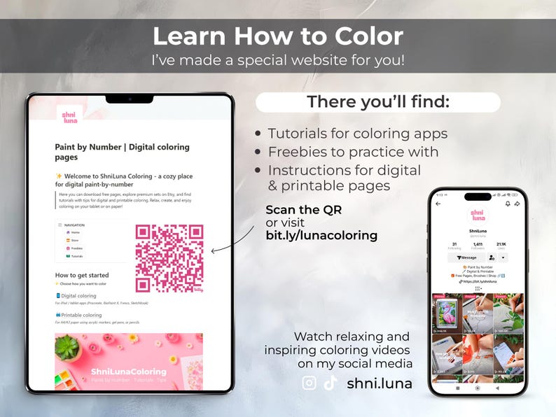 May include: A digital art tutorial image featuring a tablet and smartphone. The tablet displays a website with digital coloring pages, a QR code, and the text "Learn How to Color." The smartphone shows social media content.