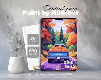 Pumpkin Truck Paint by Number, Digital Coloring Page for iPad & Procreate, Cozy Fall Farm Printable Art, Color by Number Detailed Sheet
