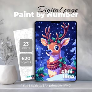Besneeuwde rendierverf op nummer, png | Digitale kleurplaat voor Procreate | Afdrukbare kerstpagina van A4-formaat