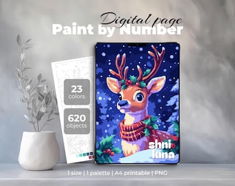 Snowy Reindeer Paint by Number PNG | Digital Coloring Sheet for Procreate | Christmas Printable A4 Page