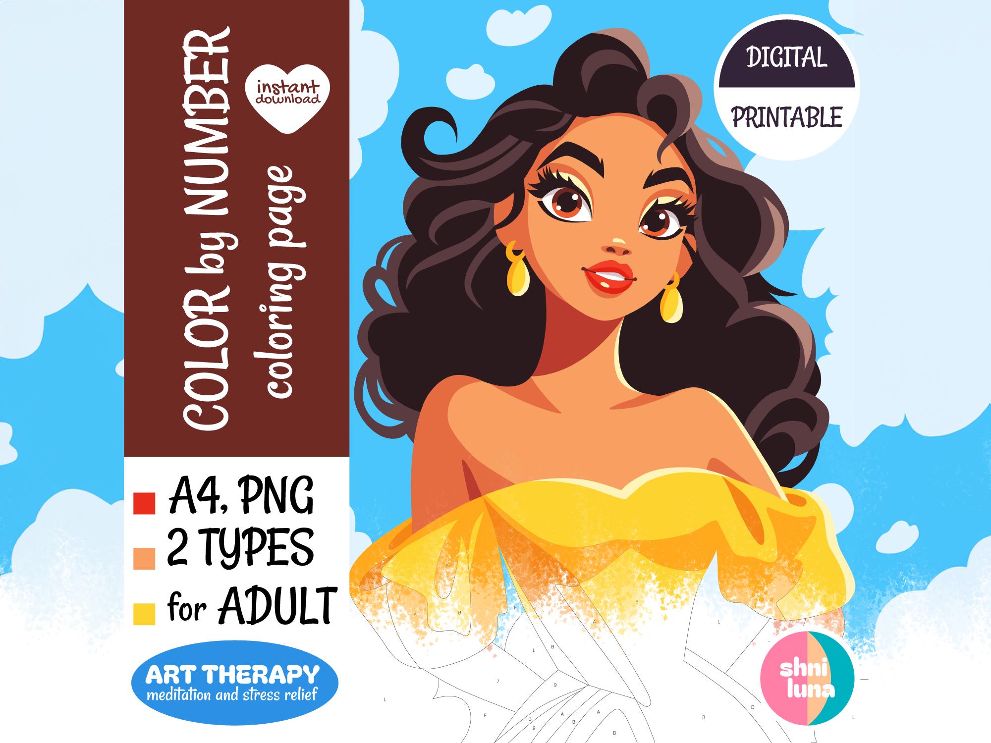 Cartoon Princess Digital Coloring Page for Adults, Printable Paint by Number & Outline, Mindfulness Art Therapy, Procreate-Friendly - Image 1