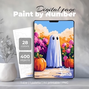 Cute Ghost Paint by Number | Digital Coloring Page for iPad & Procreate | Halloween Pumpkin Printable Art