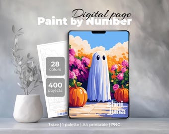 May include: Digital paint-by-number image featuring a cartoon ghost with pumpkins and flowers. The image is displayed on a tablet, with a paper showing 28 colors and 400 objects. The words "Digital page Paint by Number" are at the top.